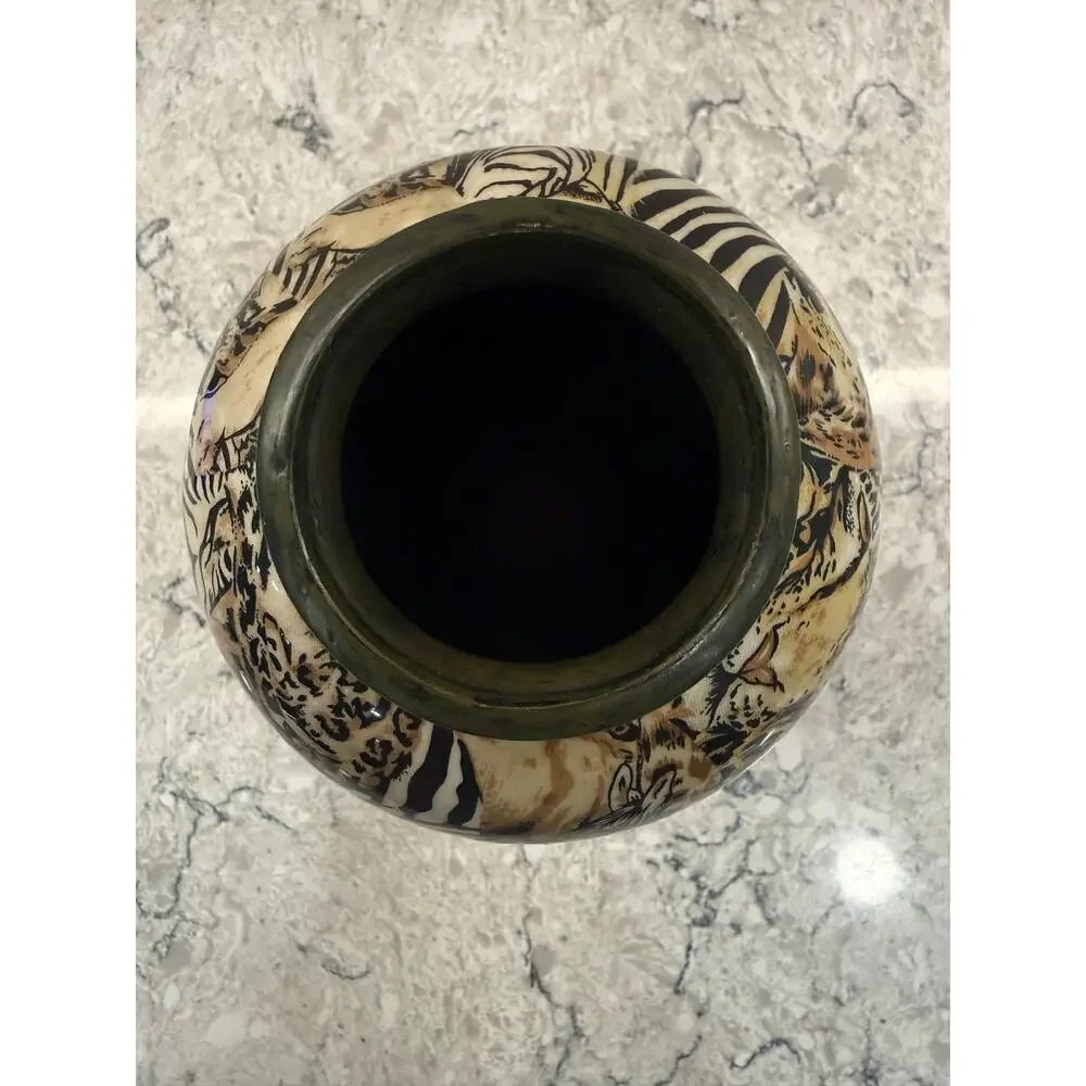 Vintage Porcelain Art Pottery Vase Safari Animal Print Brown Black 9